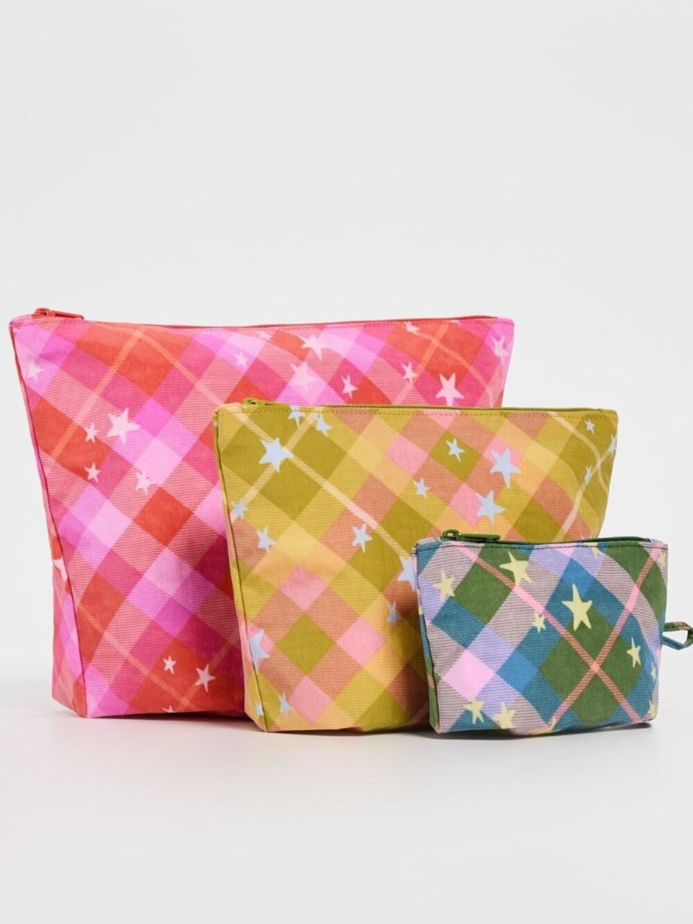 NWT Baggu Go Pouch Set - Star Plaid (Pink, Yellow, Green)